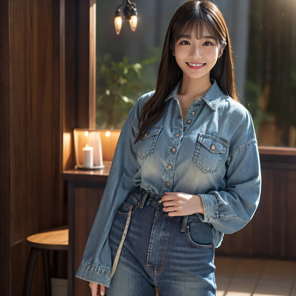 HD detailed, Super detailed, Realistic,Hyperrealism,Best image quality、Highest quality、masterpiece、Ultra-high resolution、Like the picture:1.5、Professional Lighting、Young Japanese Woman,oned up、Wearing a long-sleeved denim shirt and jeans、A kind smile、