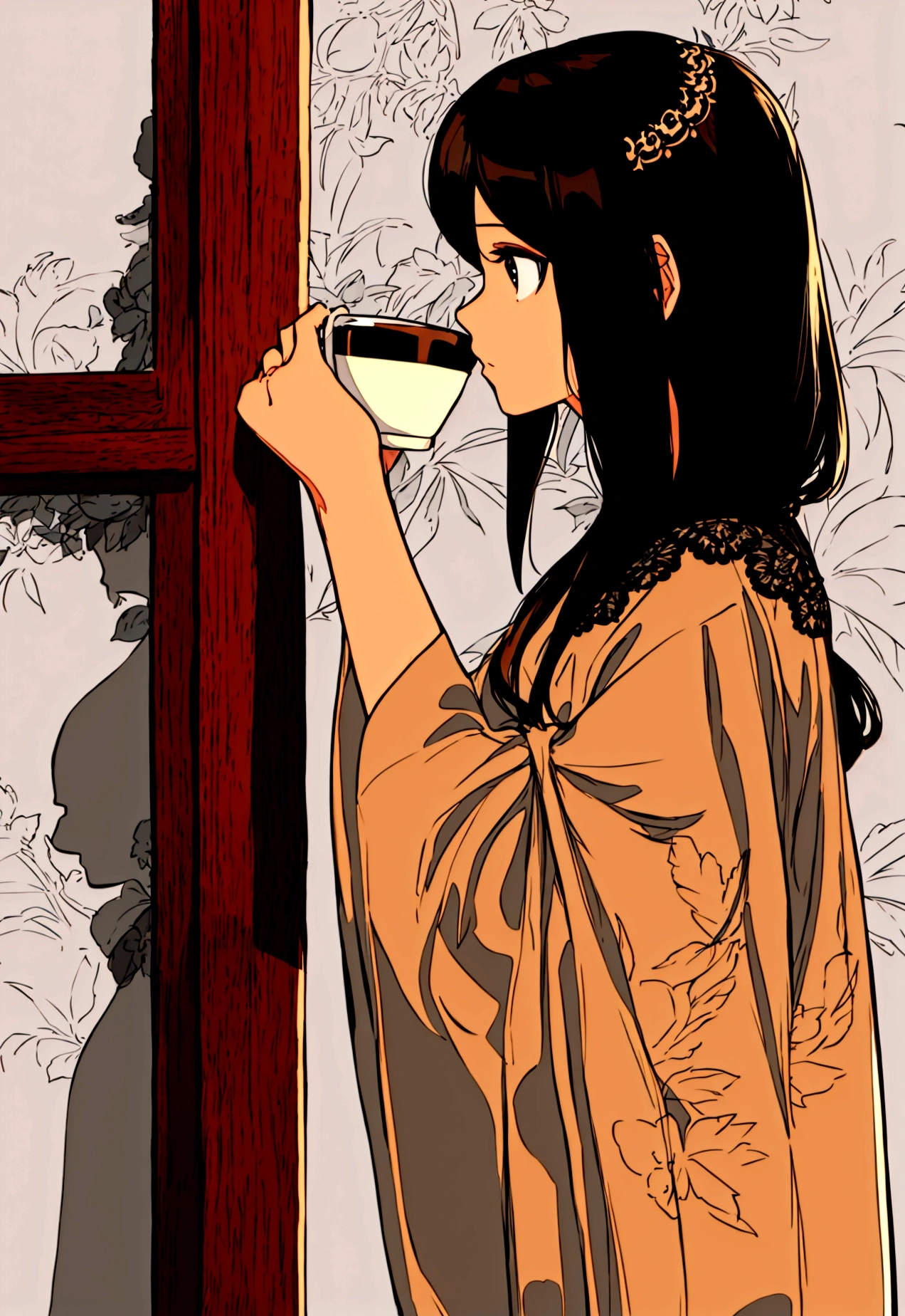 Simple background Woman holding coffee Window side profile