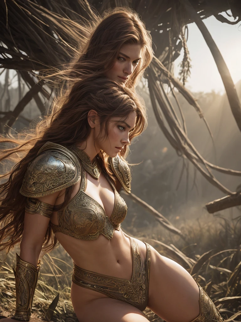 Masterpiece, a beautiful Amazon warrior, (Alyssa Sutherland:1.0), high detail plate armor, filigree, small breasts, (strong muscular body), (short brown matted hair), legs, (fantasy battlefield background), wartorn environment, magical war, HD, (skin texture:1.1), best quality, ultra high res, (photorealistic: 1.4), Raw photo, by Ellen von Unwerth, Nikon D850 Film Stock Photography, F1.6 Lens, Rich Colors, Realistic, Cinestill 800, backlight, rimlighting, studiolighting, sunlight, close-up