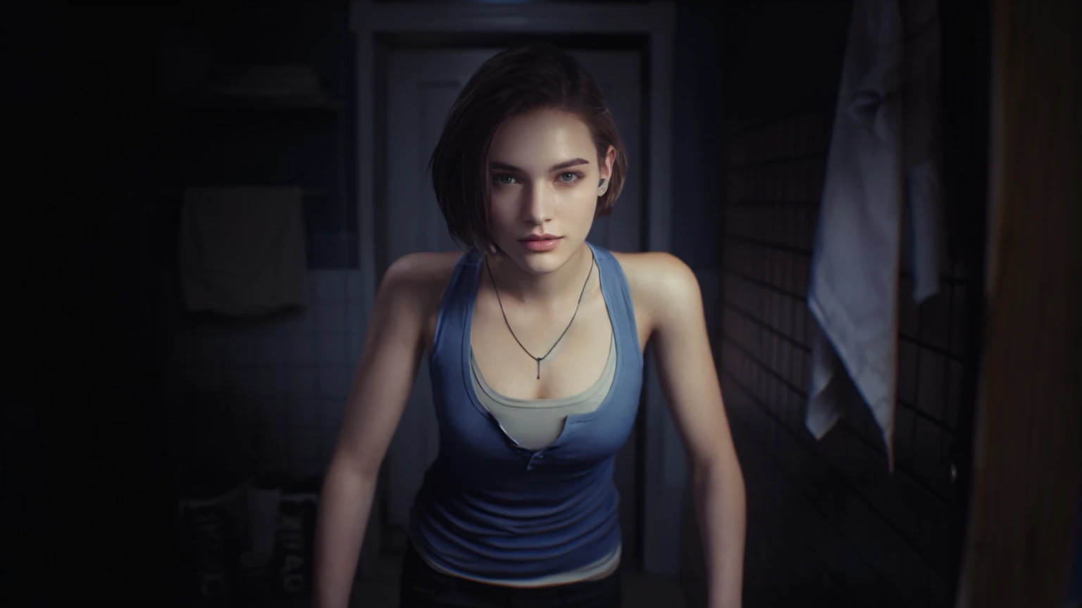 woman, short hair, blue shirt, looking forward