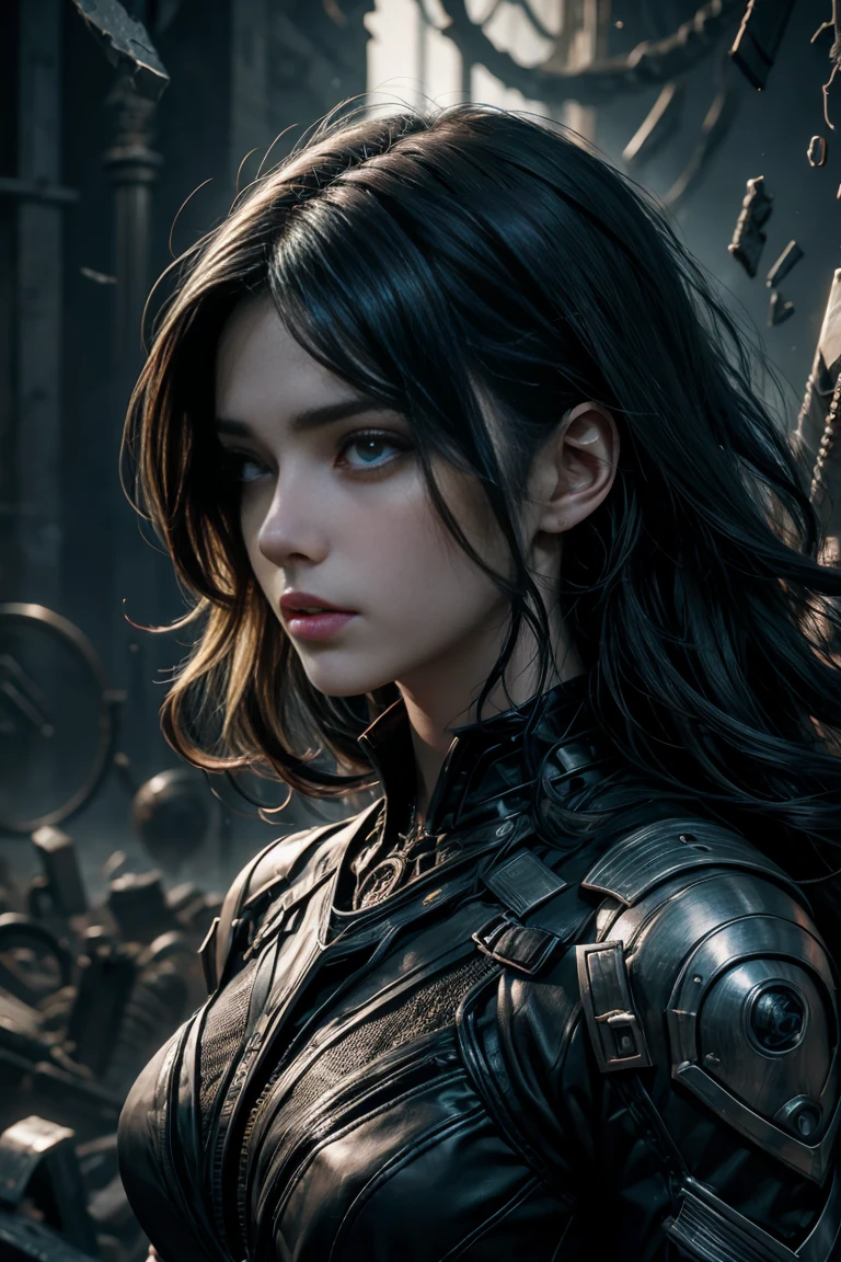 2 young female with dark hair, 1 handsome young male with 2block haircut, fusion of sacred and secular images, shattered chains and fluid forms, symbols of life, death and continuity, contrasting textures of mechanical and organic elements, photorealistic, ultra-detailed, 8K resolution, cinematic dramatic Composition, atmospheric, ultra-detailed, 8K resolution --ar 16:9 --stylized 1000 --chaos 30 --V 5