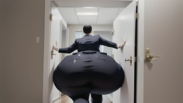 masterpiece, 1girl behind a doorway, from behind, (doorstuck, stuckbehind:1.3), huge hips, round belly, thick thighs, giant butt,colorful clothing, wearing a gray suit and tie and formal pants, upset, desperately trying to wiggle through, she tries to free herself but she won't budge, she is stuck tight view from behind, she is too wide, the doorway is quite narrow too, she is kicking her legs furiously