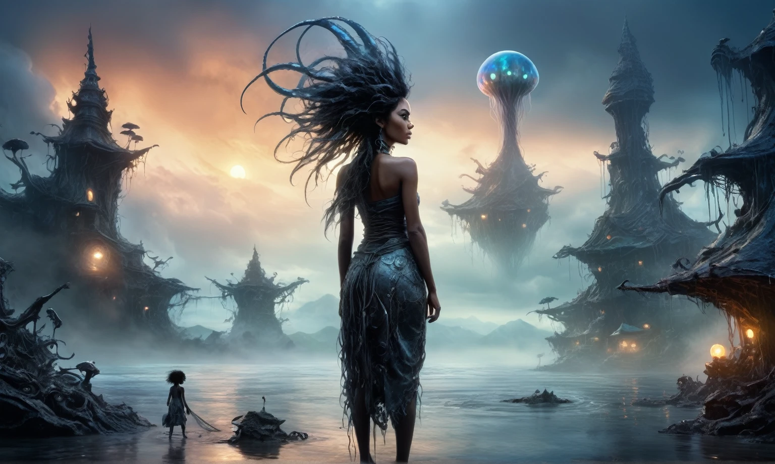 view from height,full-body-shot,obsidian The Alien Entity Moana, sassiness temper,natural jellyfish's skin textures, hyper realisitc, hyper detailed,Extremely detailed,High contrast, ,Realistic,Ultra Detailed,intricate details,realistic humid skin,extremely intricate,Epic Realistic, Romantic, cinematic style,irina yermolova, messy hair,orc's village of fishers,full body length,mother-of-marble,ominous landscape,floating islands on background in dangerous atmosphere,sunset, a Tim Burton-inspired dreamscape,Bun Hair,(Folk clothes:1.5),full body length,niobium goblin,native africa xenomorph,once pretty face,eyebrow up,full body shot,ominous landscape,niobium gray atmosphere,photo,photorealism,Masterpiece,hyper natural skin textures, hyper realism,hyper detailed,High contrast,Realism,Ultra Detailed,irina yermolova,close full body shot,32K resolution,Nikon Z9, ,demonic, fog, smoke, audience, mist, featuring ultra-realistic and hyper-realistic elements, Marta Bevacqua, Ellen Jewett, Kawacy, Katsuya Terada, Carne Griffiths,concert lighting, bokeh, luminal space that feels both bright and surreal. Includes liquid fluid elements for added depth and movement. Rendered in an unreal engine and post-processed to achieve . Evokes a sense of dreamy, ethereal and mystical mood,horror pixar movie still,thriller disney movie ,pixar render, animated ,suicide,psychiatric clinic insane