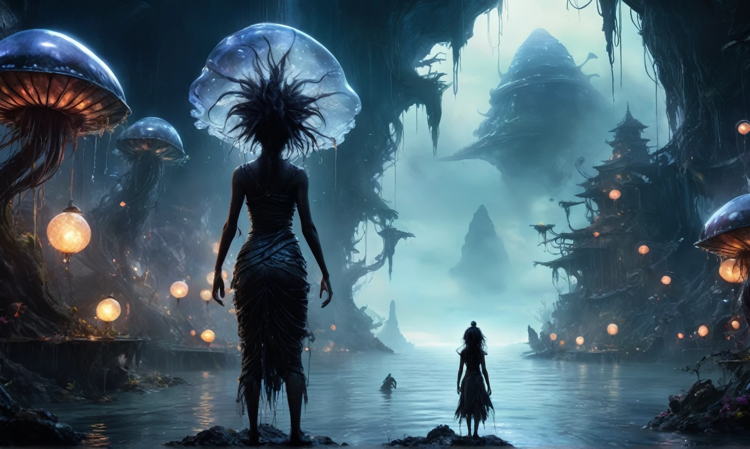 view from height,full-body-shot,obsidian The Alien Entity Moana, sassiness temper,natural jellyfish's skin textures, hyper realisitc, hyper detailed,Extremely detailed,High contrast, ,Realistic,Ultra Detailed,intricate details,realistic humid skin,extremely intricate,Epic Realistic, Romantic, cinematic style,irina yermolova, messy hair,orc's village of fishers,full body length,mother-of-marble,ominous landscape,floating islands on background in dangerous atmosphere,sunset, a Tim Burton-inspired dreamscape,Bun Hair,(Folk clothes:1.5),full body length,niobium goblin,native africa xenomorph,once pretty face,eyebrow up,full body shot,ominous landscape,niobium gray atmosphere,photo,photorealism,Masterpiece,hyper natural skin textures, hyper realism,hyper detailed,High contrast,Realism,Ultra Detailed,irina yermolova,close full body shot,32K resolution,Nikon Z9, ,demonic, fog, smoke, audience, mist, featuring ultra-realistic and hyper-realistic elements, Marta Bevacqua, Ellen Jewett, Kawacy, Katsuya Terada, Carne Griffiths,concert lighting, bokeh, luminal space that feels both bright and surreal. Includes liquid fluid elements for added depth and movement. Rendered in an unreal engine and post-processed to achieve . Evokes a sense of dreamy, ethereal and mystical mood,horror pixar movie still,thriller disney movie ,pixar render, animated ,suicide,psychiatric clinic insane