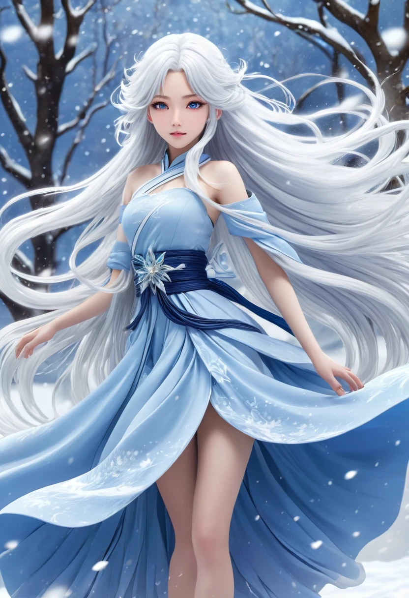 Japanese.beautiful girl.11 years old.Anime girl with long white hair and blue dress in the snow, White-haired God, White hair floating in the air, Anime fantasy illustration, Flowing white hair, Beautiful young wind spirit, Beautiful fantasy anime, Shiny, flowing hair, Ethereal Anime, Beautiful anime art, Beautiful digital art, Anime fantasy artwork, ((Beautiful Fantasy Empress)), 2. 5 d cgi Anime fantasy artwork