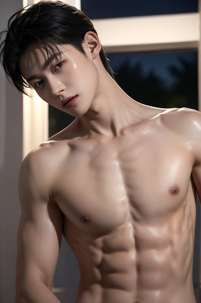 A naked boy appears at home at night,Slender, tender, sexy and cute,Sweating,Having physical contact with multiple people