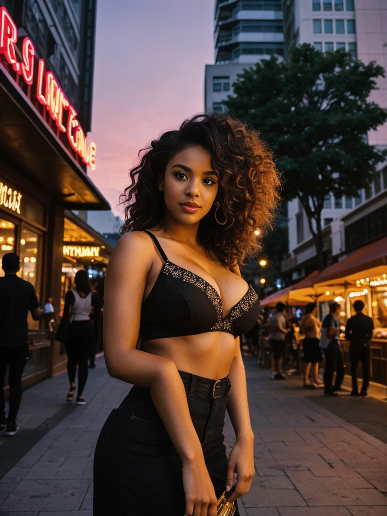 her name is Aaliyah, high quality, 1woman, ((24 year-old Black woman with large breasts: 2.1, curly hair)), ((24 years old)), Full lips, ((Detailed face, Highly Detailed Lips, brown eyes)), voluptuous body, BREAK, wearing contemporary Generation-Z wear, BACKGROUND: outdoors: a bustling city street during a vibrant sunset. The sky is painted with hues of orange, pink, and purple, casting a warm glow over towering skyscrapers and bustling crowds. Neon signs flicker to life, illuminating the scene with a colorful array of lights. Sidewalk cafes bustle with patrons enjoying evening meals, while street musicians fill the air with lively tunes. Amidst the energy of the city, the distant silhouette of a famous landmark stands tall against the twilight sky, creating a dynamic and captivating backdrop", pose: dynamic Instagram poses, realistic, looking at the viewer,