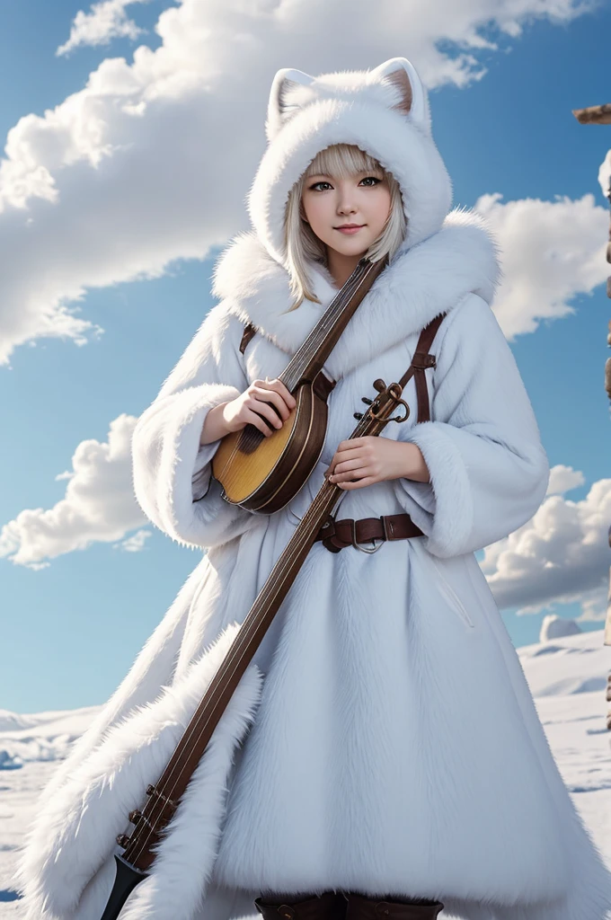 1 white nekomimi Arctic fox, bard, girl, full body, wear bard clothes, yellow eyes, (((holding lute instrument))), big fluffy tail, short fluffy hair, (((white-baby blue color pallate))), smug face, fluffy cloak hoodie, (((fantasy))), traveler, support class, right thigh strap, fluffy, fluffy boots with paw, traveler, big fluffy scarf, (((stars Accessories everywhere))), standing