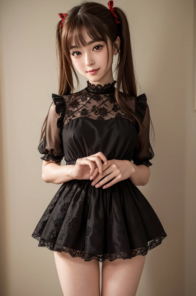 (masterpiece, Highest quality, 8K, High resolution),(Realistic skin texture, Perfect Face, Realistic, Perfect hands, Perfect finger count, Japanese, Girl), (23 years old), Big Eyes, Brown eyes, Light brown hair, bangs, Twin tails, Red hair ribbon, Small face, Smile, ((Black lace frilled dress, Cameltoe)), Are standing, Cute pose, Water&#39;s Edge, wave droplets, Blue sky and clouds, Low - Angle