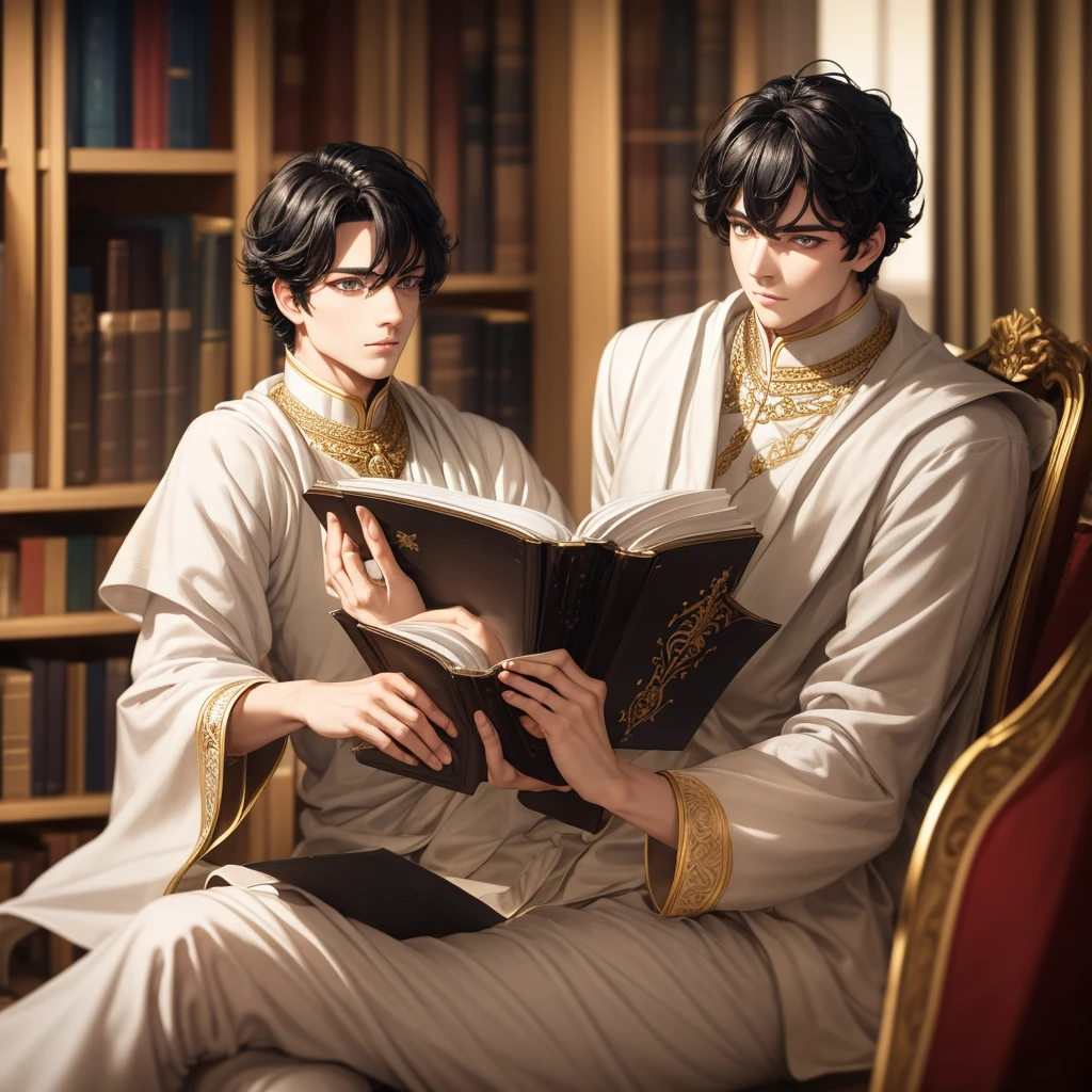 A prince with black hair and hazel eyes, white skin, wearing royal clothes, sitting in a library and reading a book 