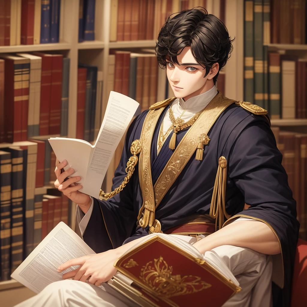 25 years old handsome boy read books in the world of books.cloth like king and books help and like sintict --auto --s2