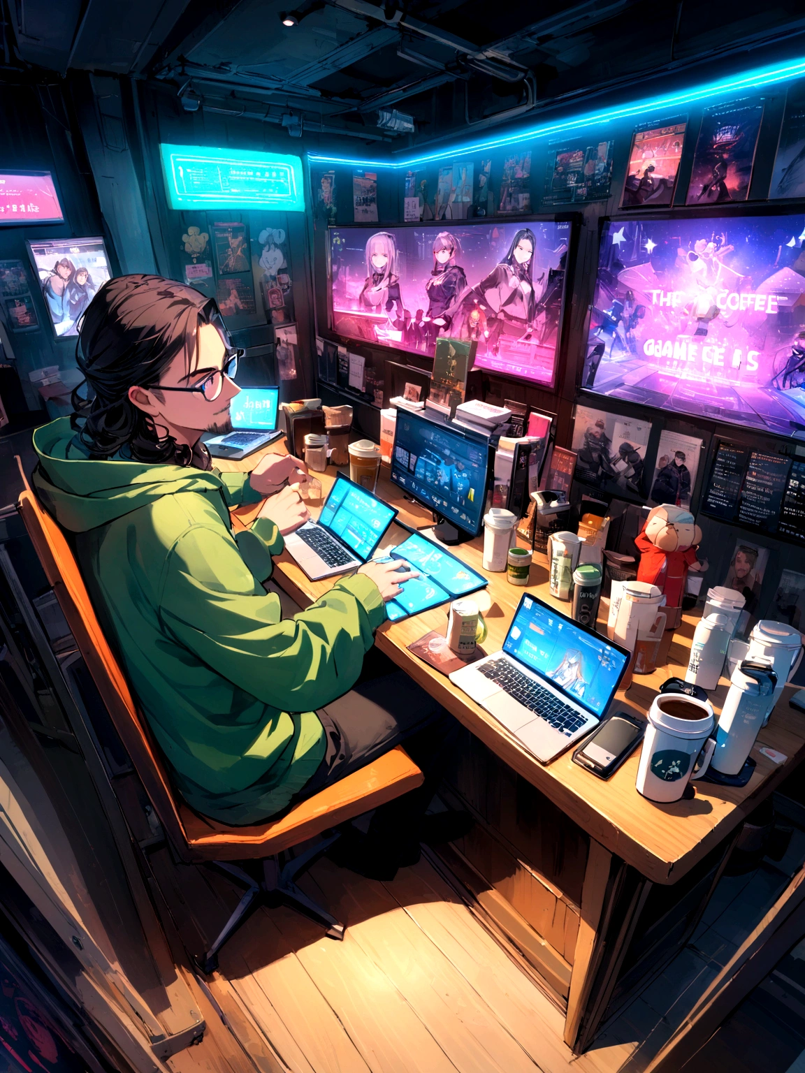 original, Wide-angle, In a bright cafe、A man wearing glasses is smiling and sitting in a chair in front of a futuristic laptop。., 30 years old,Reddish-black skin, Black Hair, Wavy Hair,Shoulder-length hair,Game Distribution者.,Bear typography,small beard,Green hoodie,Black trousers,smile, The coffee cup is placed on the table., Displaying star information, Game Distribution, Bright environment, Neon Light, Leonardo DiCaprio