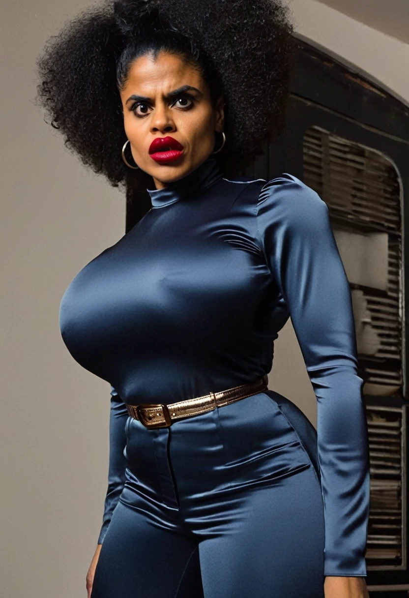 closeup shot, (muscular evil angry zazie beetz showing closed teeth with flared nostrils and furrowed brows:1.5) in a (closed satin skintight buttondown band collar blouse with large shoulder-pads and extremely tight belt:1.6), tight hairbun, silk gloves, (widened eyes), (muscular arms), subtle evil stare with flared nostrils, large shoulder-pads, (evil laugh), skintight satin pants defining her body, uptight, popped collar, stiff posture