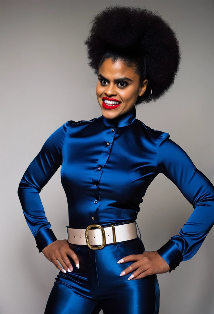 closeup shot, (muscular evil angry zazie beetz showing closed teeth with flared nostrils and furrowed brows:1.5) in a (closed satin skintight buttondown band collar blouse with large shoulder-pads and extremely tight belt:1.6), tight hairbun, silk gloves, (widened eyes), (muscular arms), subtle evil stare with flared nostrils, large shoulder-pads, (evil laugh), skintight satin pants defining her body, uptight, popped collar, stiff posture