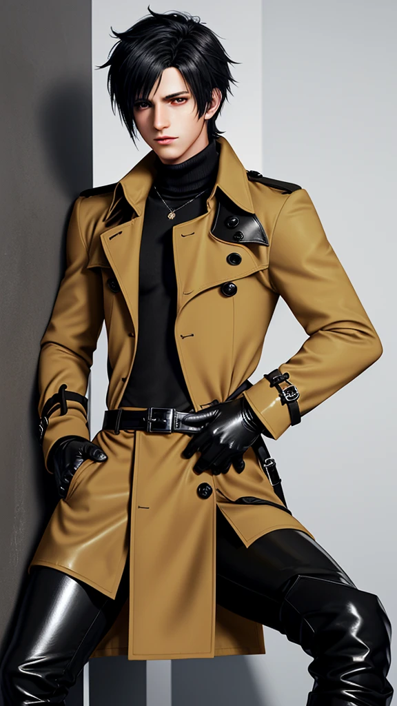 Final fantasy taste and reality graphics, Japanese young cute and cool ikemen boy, his age is early 20s, thin eyebrows and beady eyes, he wearing orange beige color double brest very thick trench coat, with a black color neck fur.,neck fur is black color,
Must tighten your belt og coat, with epaulet, must close the front of the trench coat,, trench coat cloth the front, also wearing black very thick turtleneck lackluster shirts, tight black leather pants, shiny black leather tight and must put on a thin leather glove both hands, black leather knee-high raceup boots,must views head-to-toe,must views whole body, boy looks like fashion model,Do not show skin from the neck down,leather jacket leather glove and leather pants have few wrinkles,boy in the room,,Avoid showing your innerwear