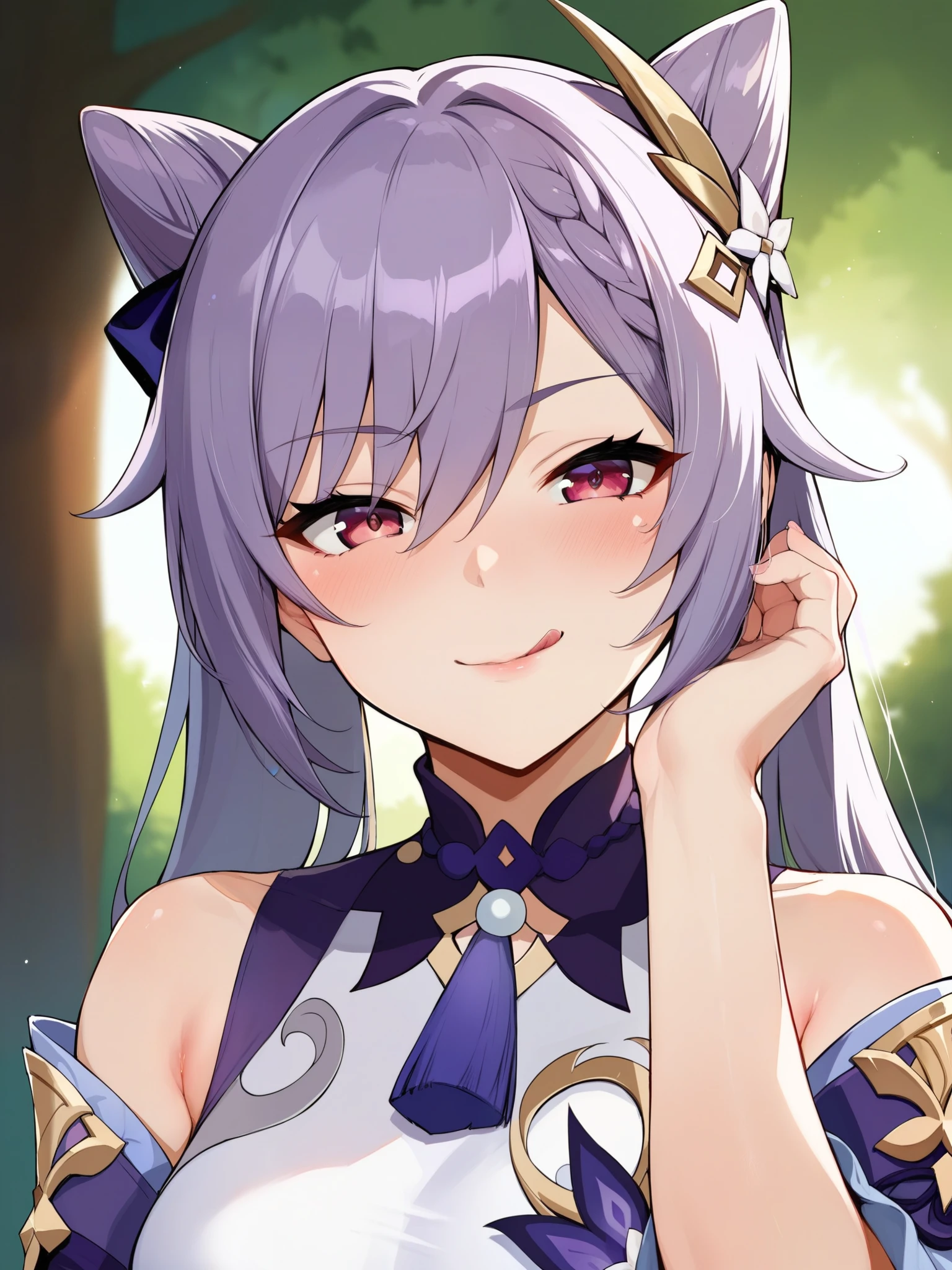score_9, score_8_up, score_7_up, score_6_up, source_anime, BREAK by ikuchan kaoru, iku, clean color, flat color,1girl, genshin impact, keqing genshin impact, outdoors, in Forest, face focus, face closeup, face, face only, smug, shy, embarrassed, licking lips, ((seductive)), alluring, seduce, hair over one eye, tongue, licking lips, adjusting hair