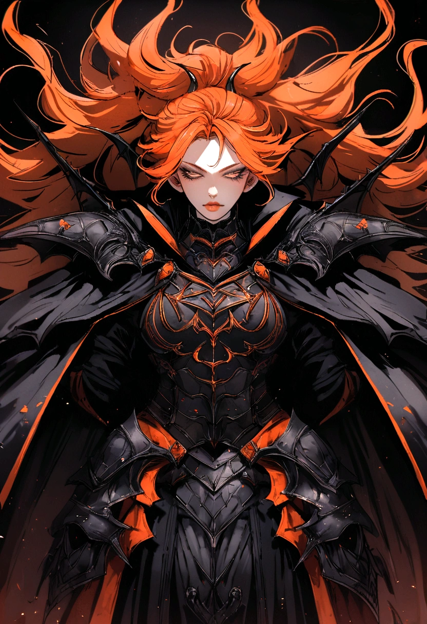 bat wings of the big-haired demon character, lips in black color, Gothic armor in gasoline color, nya, linda, impressive, very detailed, Magnificent, 8K, Angelic Art, clouded sky, dramatic scene, long orange hair, armour, knight's cloak