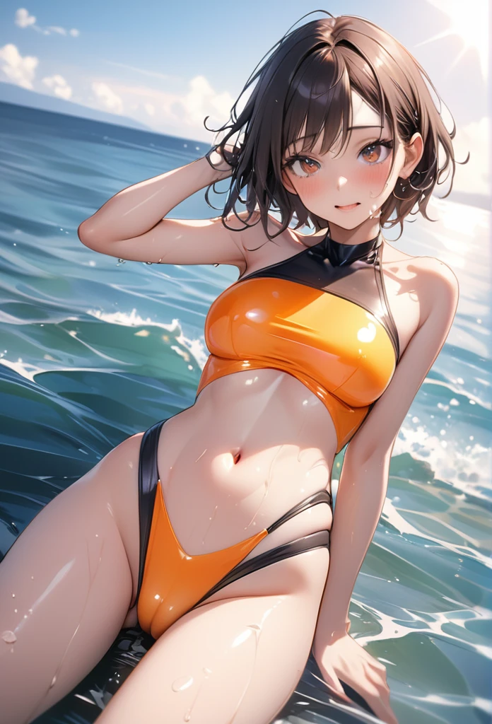 ((Lying on a rubber boat floating on the sea)), ((halterneck swimsuit)), ((The swimsuit glows fluorescent orange.)), skindentation, skinny, solo, 1 woman, Masterpiece, highest quality, highest quality, 16K, incredibly absurd, highly detailed, 2.5D, ai-generated, delicate and dynamic, very delicate facial expressions, delicate eye depiction, erotic, only sexy woman, ((A cute and kind face)), healthy figure, 25-year-old woman, bride, 160cm tall, medium firm swaying bust, (dark hair), black eye, blush, Sweat,Embarrassed,sexy, ((thin thighs)), (Erect nipples:0.8), ((shiny and lustrous)), facing straight at viewer, ((brown black skin)), ((Oily_skin)), sweaty skin, wet skin, (suntan), dutch angle, sexy pose, Dynamic poses, ((Summer Sea)), Strong sunlight, ((Lying)), Navel, ((On the open sea)), Knee Up,