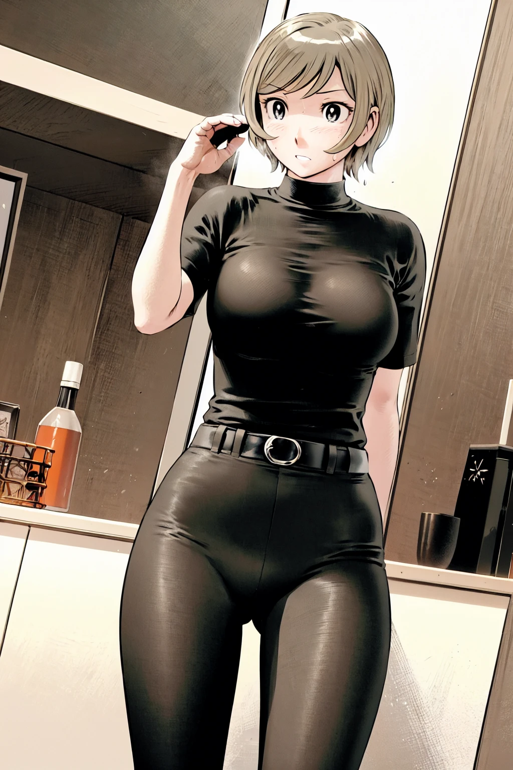 、(masterpiece、Highest quality)、Highest quality, Ultra-high resolution, (((masterpiece))), alone, Sweat、Big eyes,Tight black shirt、Tight white pants、belt、indoor、Composition from the front、(Cut the back hair short、short hair、blonde、woman)、Shortcuts、Embarrassed face、Cut your hair short、可愛いwomanの子、Big Breasts、office