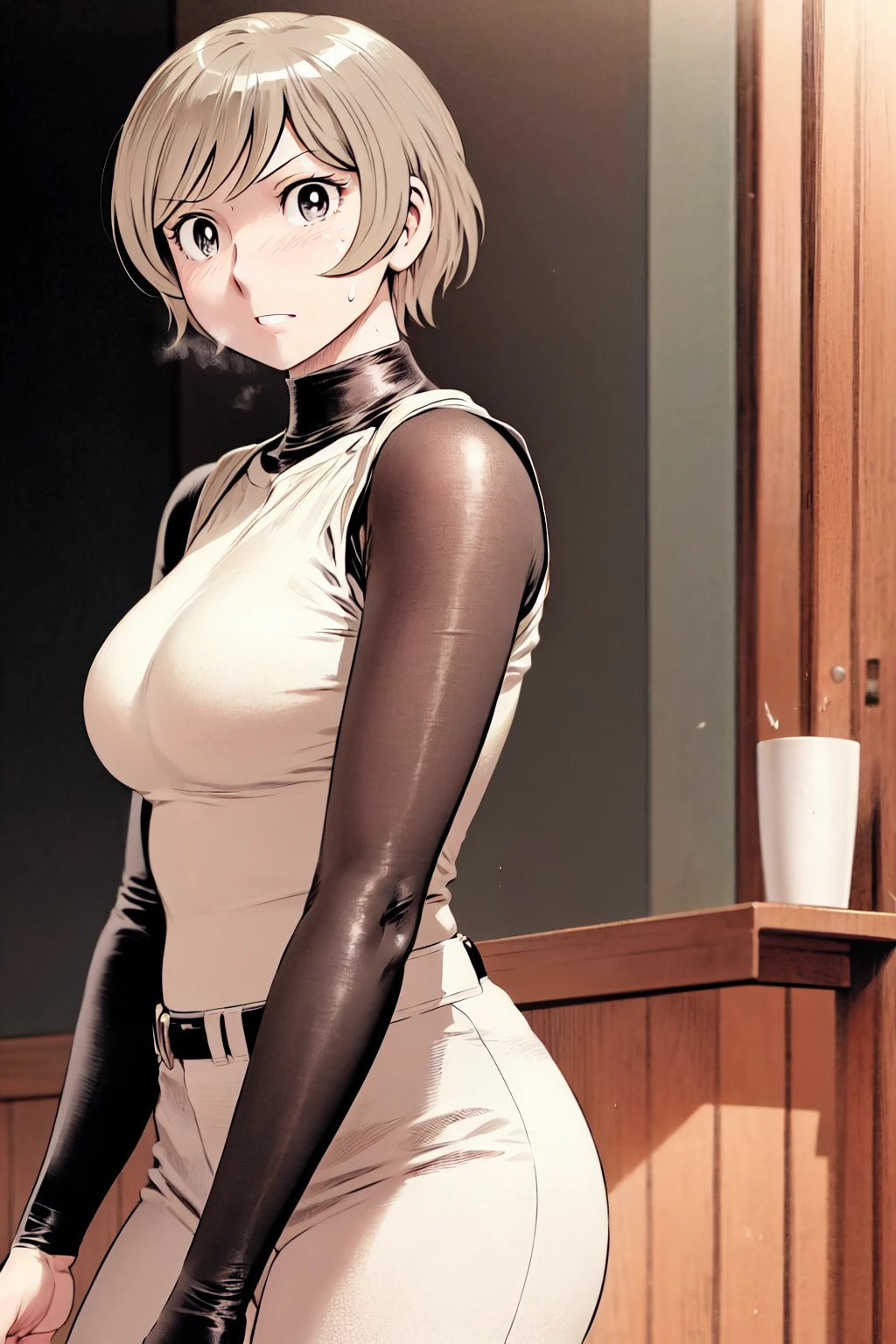 、(masterpiece、Highest quality)、Highest quality, Ultra-high resolution, (((masterpiece))), alone, Sweat、Big eyes,Tight black shirt、Tight white pants、belt、indoor、Composition from the front、(Cut the back hair short、short hair、blonde、woman)、Shortcuts、Embarrassed face、Cut your hair short、可愛いwomanの子、Big Breasts、office