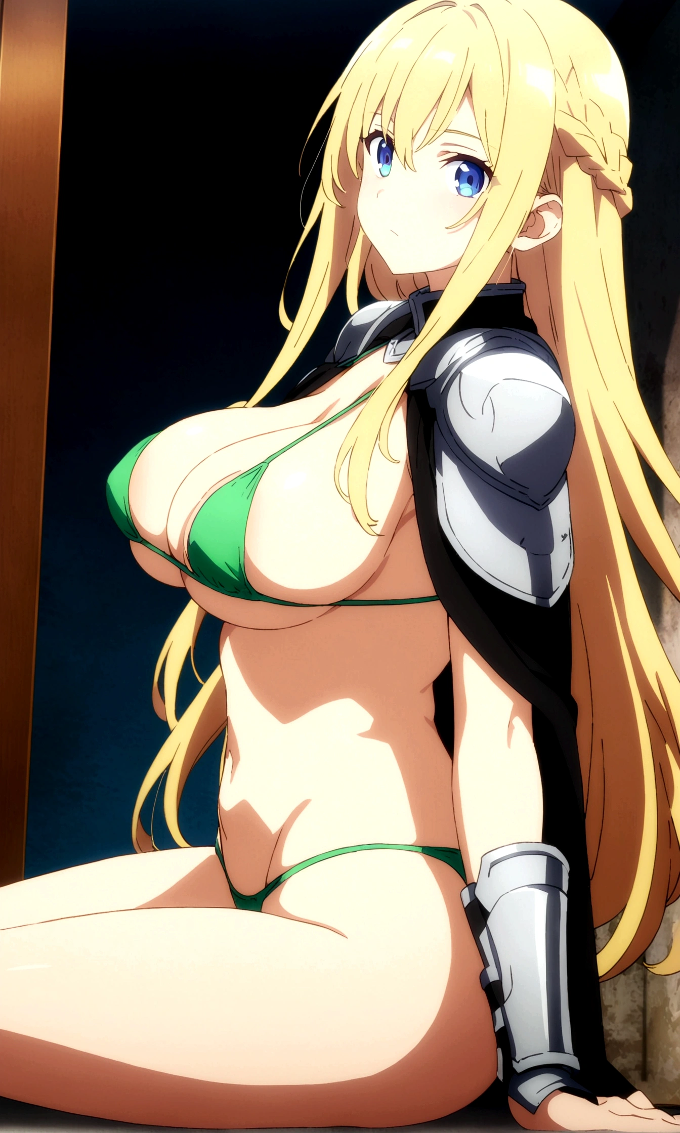 score_9, score_8_up, score_7_up,,BREAK source_anime,(from side,breast side view),,mediumshot,sitting,looking at viewer,selfie, 1girl, celes chere, final fantasy.blonde hair, blue eyes, (ultra micro bikini,green bikini),large breasts,cleavage,pointy breasts,, white cape, vambraces,bracer,  very long hair, bangs, closed mouth,(tundere,,bulsh),indoor, (best quality),(aesthetic,very aesthetic),masterpiece, highres, (anime screenshot:0.7),,graceful posture,lean but curvy body, slender waist, round hips, 