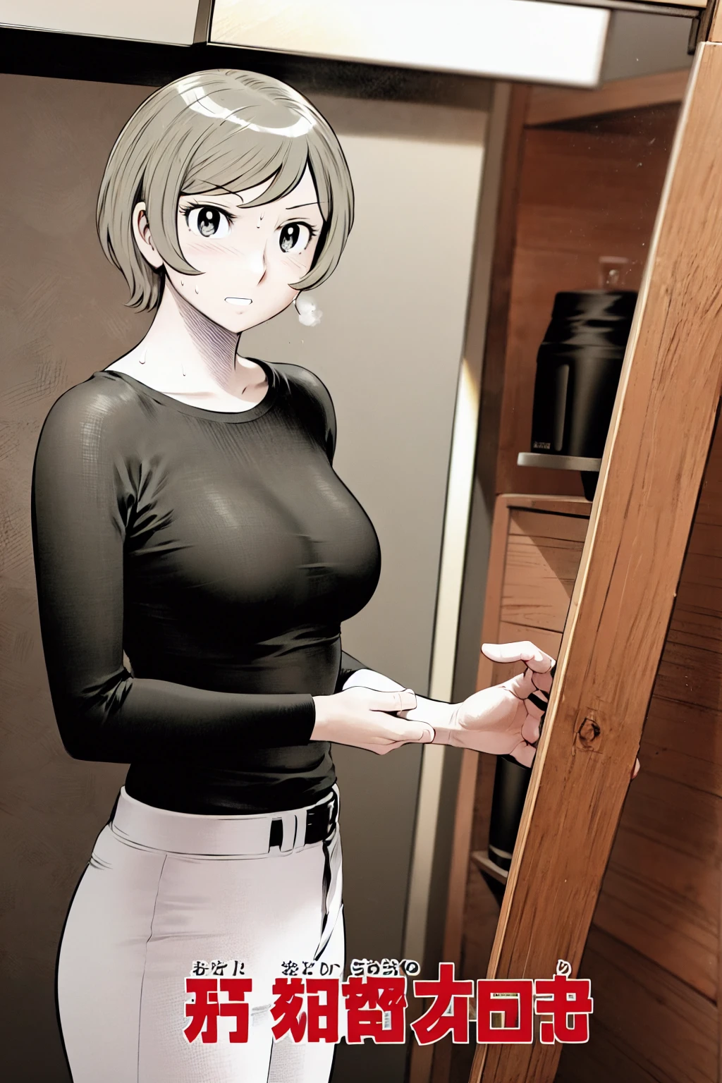 、(masterpiece、Highest quality)、Highest quality, Ultra-high resolution, (((masterpiece))), alone, Sweat、Big eyes,Tight black shirt、Tight white pants、belt、indoor、Composition from the front、(Cut the back hair short、short hair、blonde、woman)、Shortcuts、Embarrassed face、Cut your hair short、可愛いwomanの子、Big Breasts、office