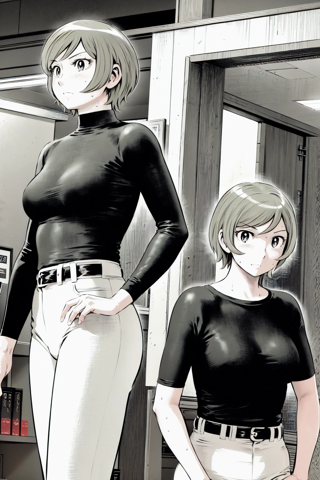 、(masterpiece、Highest quality)、Highest quality, Ultra-high resolution, (((masterpiece))), alone, Sweat、Big eyes,Tight black shirt、Tight white pants、belt、indoor、Composition from the front、(Cut the back hair short、short hair、blonde、woman)、Shortcuts、Embarrassed face、Cut your hair short、可愛いwomanの子、Big Breasts、office