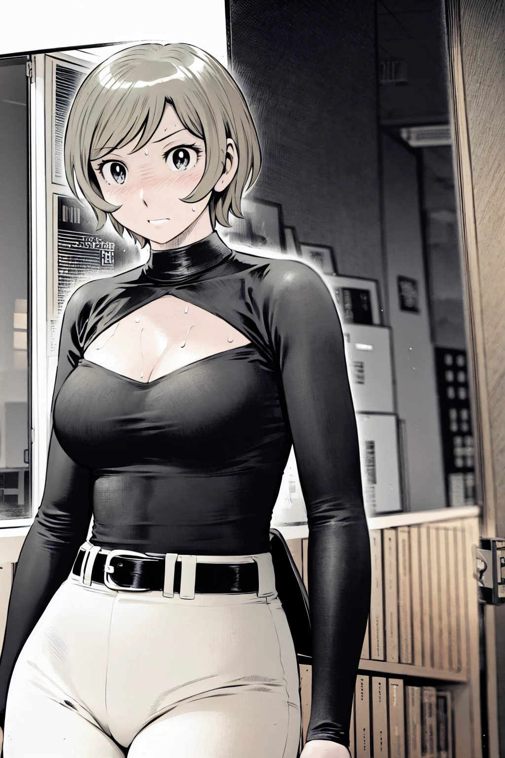 、(masterpiece、Highest quality)、Highest quality, Ultra-high resolution, (((masterpiece))), alone, Sweat、Big eyes,Tight black shirt、Tight white pants、belt、indoor、Composition from the front、(Cut the back hair short、short hair、blonde、woman)、Shortcuts、Embarrassed face、Cut your hair short、可愛いwomanの子、Big Breasts、office