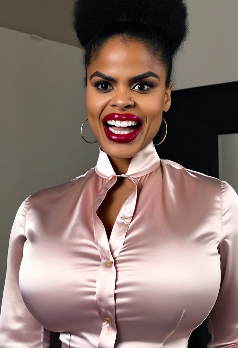 closeup shot, (muscular evil angry zazie beetz showing closed teeth with flared nostrils and furrowed brows:1.5) in a (closed satin skintight buttondown band collar blouse with large shoulder-pads and extremely tight belt:1.6), tight hairbun, silk gloves, (widened eyes), (muscular arms), subtle evil stare with flared nostrils, large shoulder-pads, (evil laugh), skintight satin pants defining her body, uptight, popped collar, stiff posture