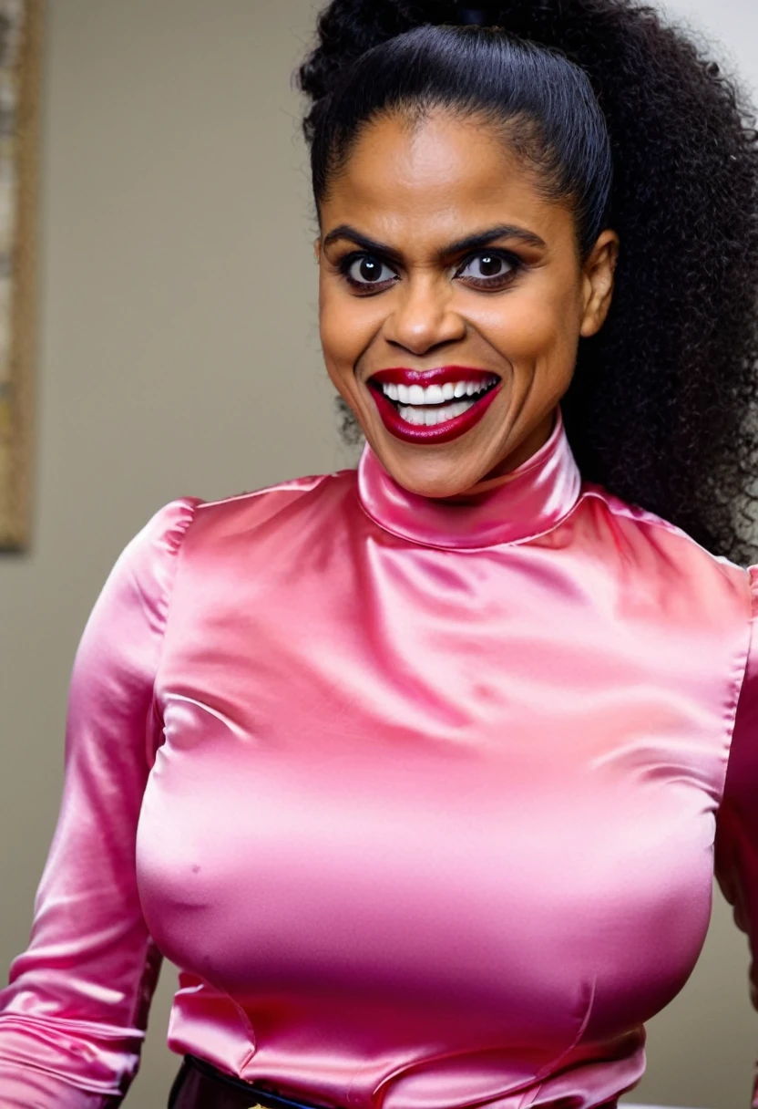 closeup shot, (muscular evil angry zazie beetz showing closed teeth with flared nostrils and furrowed brows:1.5) in a (closed satin skintight buttondown band collar blouse with large shoulder-pads and extremely tight belt:1.6), tight hairbun, silk gloves, (widened eyes), (muscular arms), subtle evil stare with flared nostrils, large shoulder-pads, (evil laugh), skintight satin pants defining her body, uptight, popped collar, stiff posture