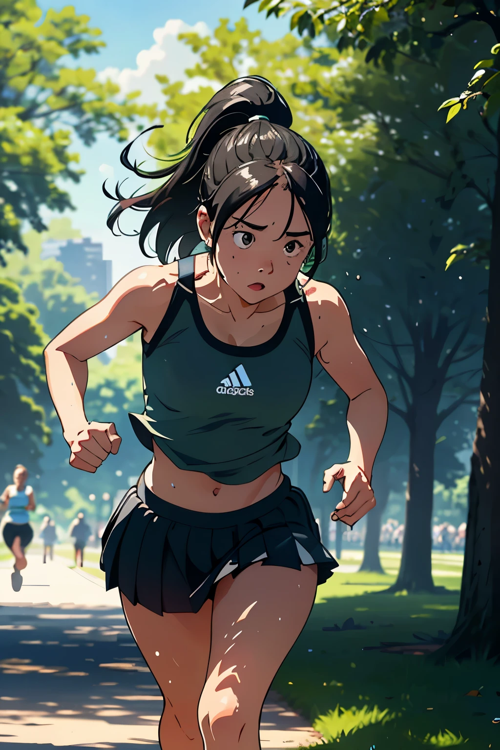 A girl was running, sweating profusely, her ponytail fluttering behind her. The scene is set during a sunny afternoon with a lush green park serving as the backdrop. The high resolution of 8K ensures every details of her glistening skin, sweat droplets catching the sunlight. The dynamic lighting and high quality shadows add a sense of realism to the image. The girl wears a short skirt and tank top, her breaths heavy as she approaches the finish line. Her determination is palpable, her focus unwavering. The surrounding environment, from the trees to the benches, is intricately detailed, adding depth to the image. This is a photograph of a
