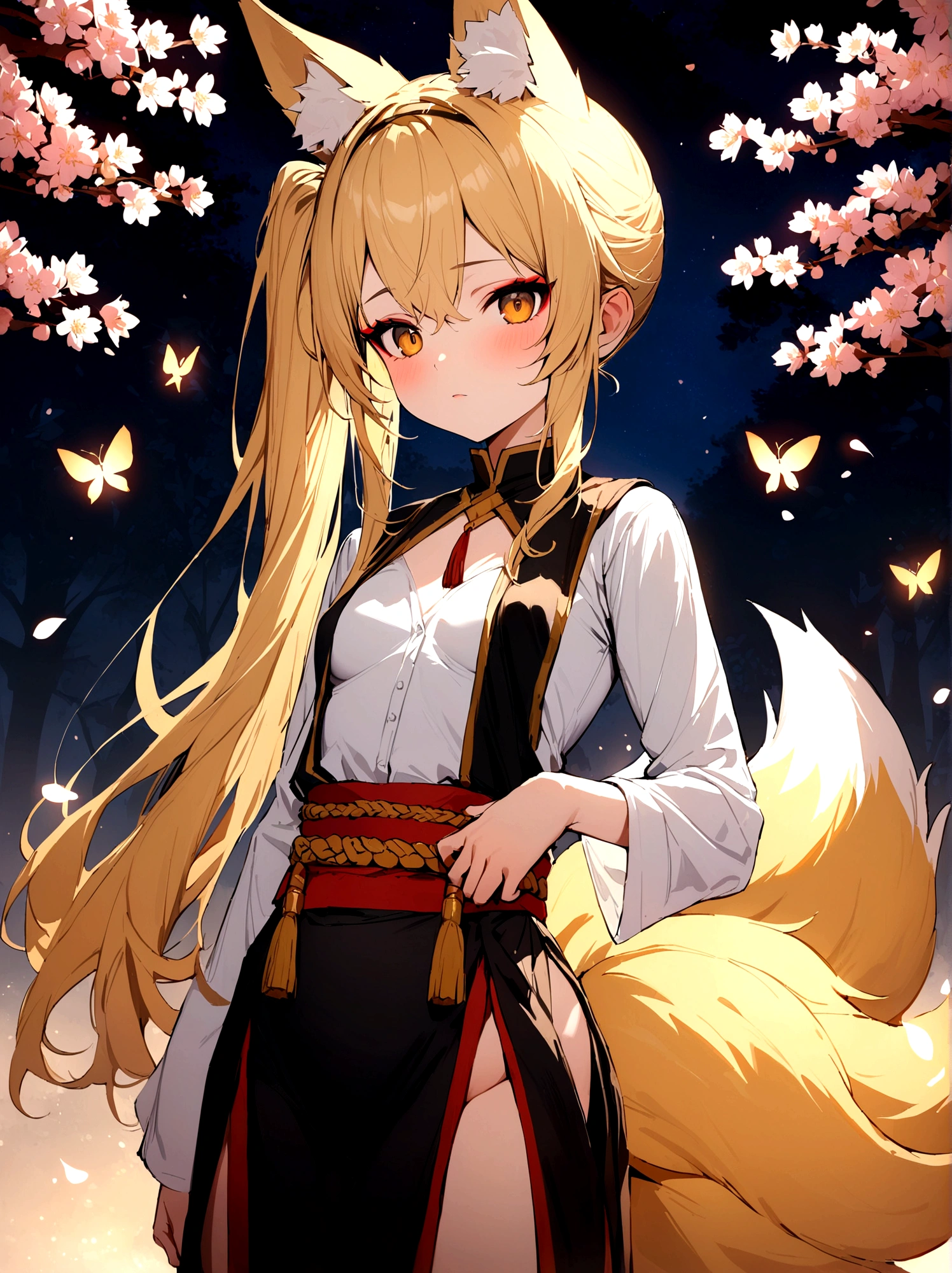 (masterpiece, best quality) junior,detailed, (beautiful,small breasts), blonde,long hair, side ponytail(right),gold butterfly hairband, elegant, (fox ears),nine tailed fox tail, red eyeshadow, golden eyes, femur,漏出femur, white shirt,shaman uniform,cherry blossom background,girl,NIGHT