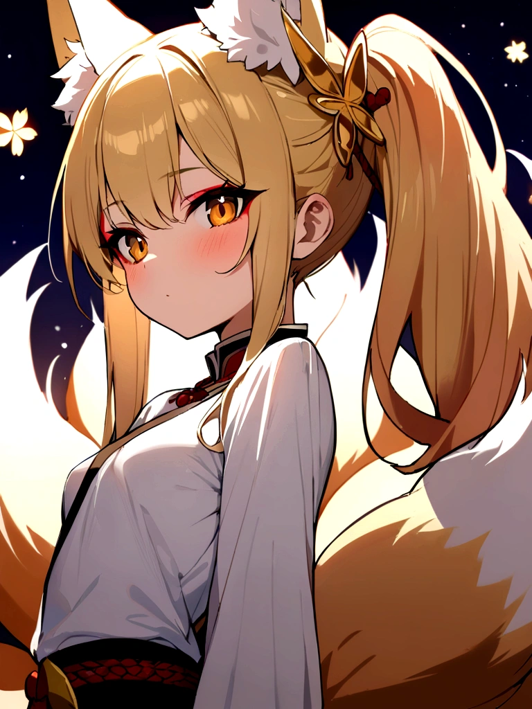 (masterpiece, best quality) junior,detailed, (beautiful,small breasts), blonde,long hair, side ponytail(right),gold butterfly hairband, elegant, (fox ears),nine tailed fox tail, red eyeshadow, golden eyes, femur,漏出femur, white shirt,shaman uniform,cherry blossom background,girl,NIGHT