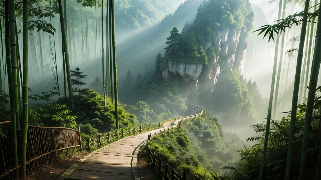 This photo depicts a small trail through a lush bamboo forest, extending deep into the mountain landscape. The high mountains are covered with thick mist, creating a magical and poetic scene. Tall, vertical bamboo trees along the path create a natural fence, contributing to enhancing the natural beauty and tranquility of the area.