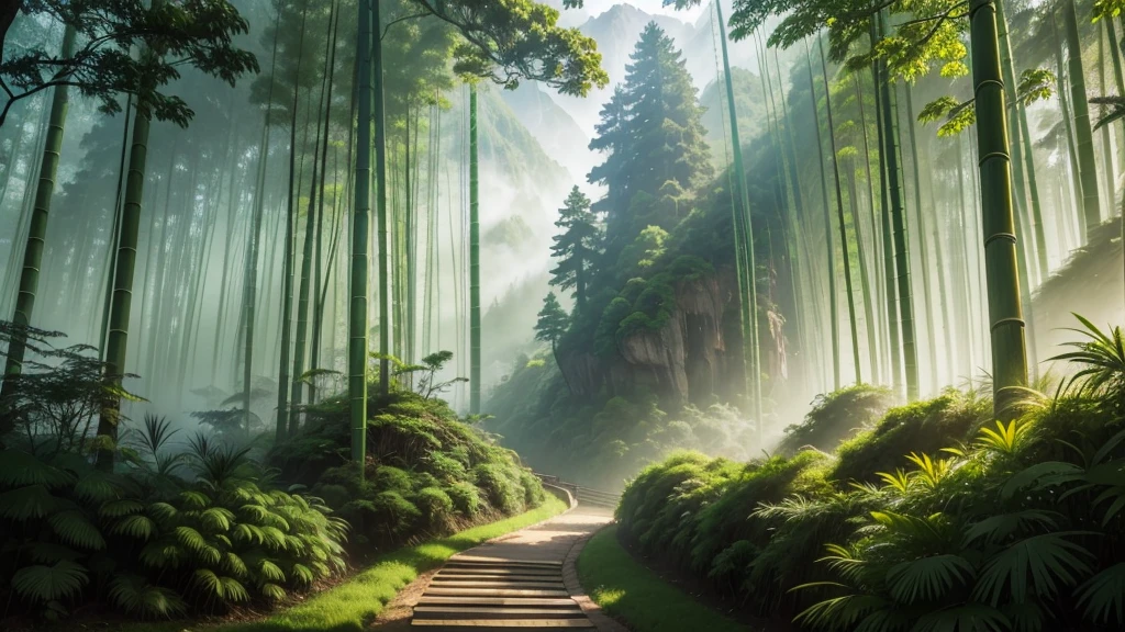 This photo depicts a small trail through a lush bamboo forest, extending deep into the mountain landscape. The high mountains are covered with thick mist, creating a magical and poetic scene. Tall, vertical bamboo trees along the path create a natural fence, contributing to enhancing the natural beauty and tranquility of the area.