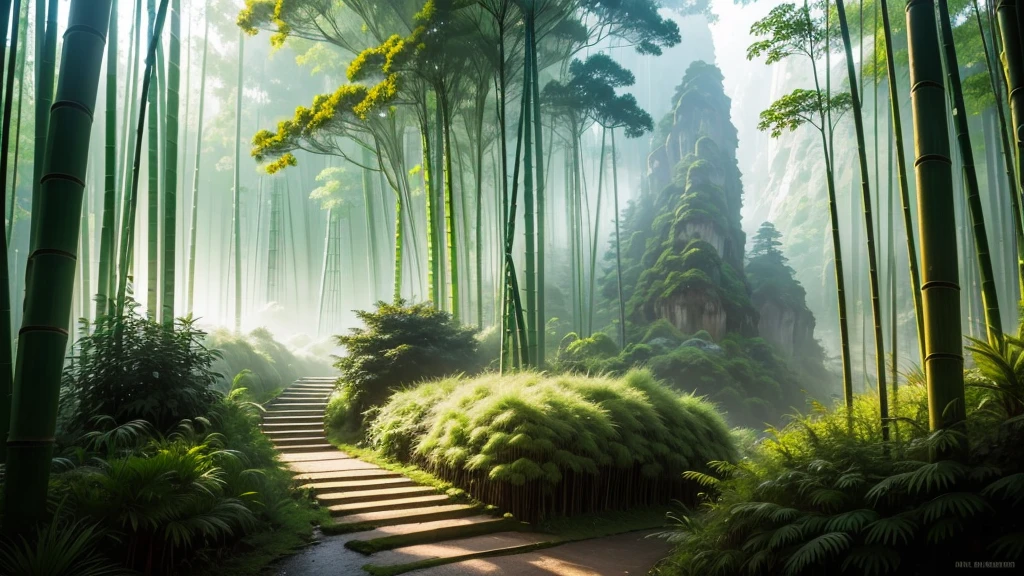 This photo depicts a small trail through a lush bamboo forest, extending deep into the mountain landscape. The high mountains are covered with thick mist, creating a magical and poetic scene. Tall, vertical bamboo trees along the path create a natural fence, contributing to enhancing the natural beauty and tranquility of the area.
