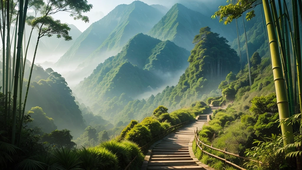 This photo depicts a small trail through a lush bamboo forest, extending deep into the mountain landscape. The high mountains are covered with thick mist, creating a magical and poetic scene. Tall, vertical bamboo trees along the path create a natural fence, contributing to enhancing the natural beauty and tranquility of the area.