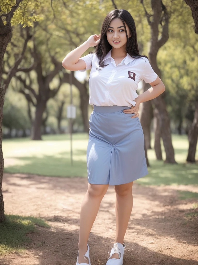 1girl, a girl sitting in the middle of a park, 19-years-old-girl, (Indonesian_high_school_uniform), detailed face, detailed eyes, detailed skin, looking at Viewer, clear light, (8k, RAW photo, best quality, masterpiece: 1.4), (realistic, realistic: 1.37), ultra-high resolution, photorealistic, high resolution, solo, wide muscular hips, realistic face, (detailed face), sexy pose, proportional body, full body view, show legs, sensual smile, wearing white shirt, wearing grey blue skirt, smooth skin