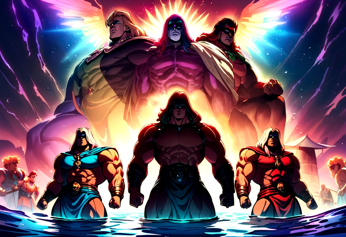 He Man and the Masters of the Universe, HeMan and friends are having a pool party. high fantasy