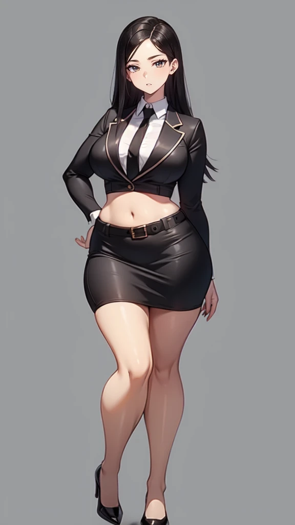 blank background, (((full body))), (masterpiece), ((best quality)), ((tall girl)), straight hair (curvy:1.6), (short skirt), shoes, belt below navel, black hair, (black suit and tie), wide hips