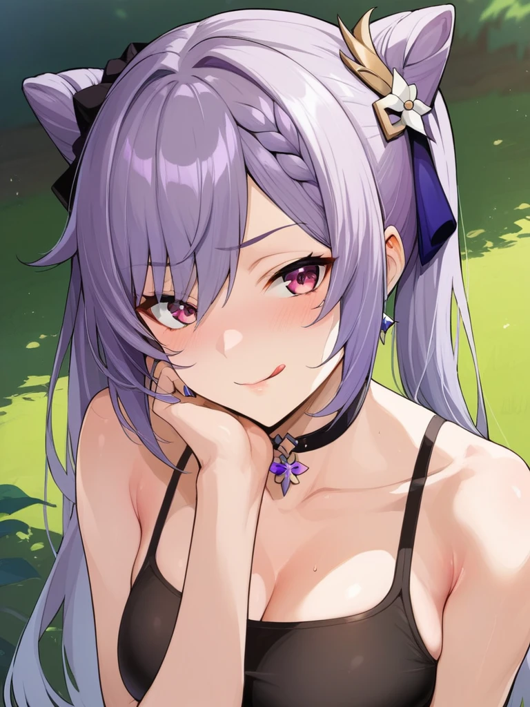 score_9, score_8_up, score_7_up, score_6_up, source_anime, BREAK by ikuchan kaoru, iku, clean color, flat color,1girl, genshin impact, keqing genshin impact, outdoors, in Forest, face focus, face closeup, face, face only, smug, shy, embarrassed, licking lips, ((seductive)), alluring, seduce, hair over one eye, tongue, licking lips, adjusting hair, BLACKED, BLACKED CHOKER, BLACKED CLOTHING, BLACKED ATTIRE, MEME ATTIRE