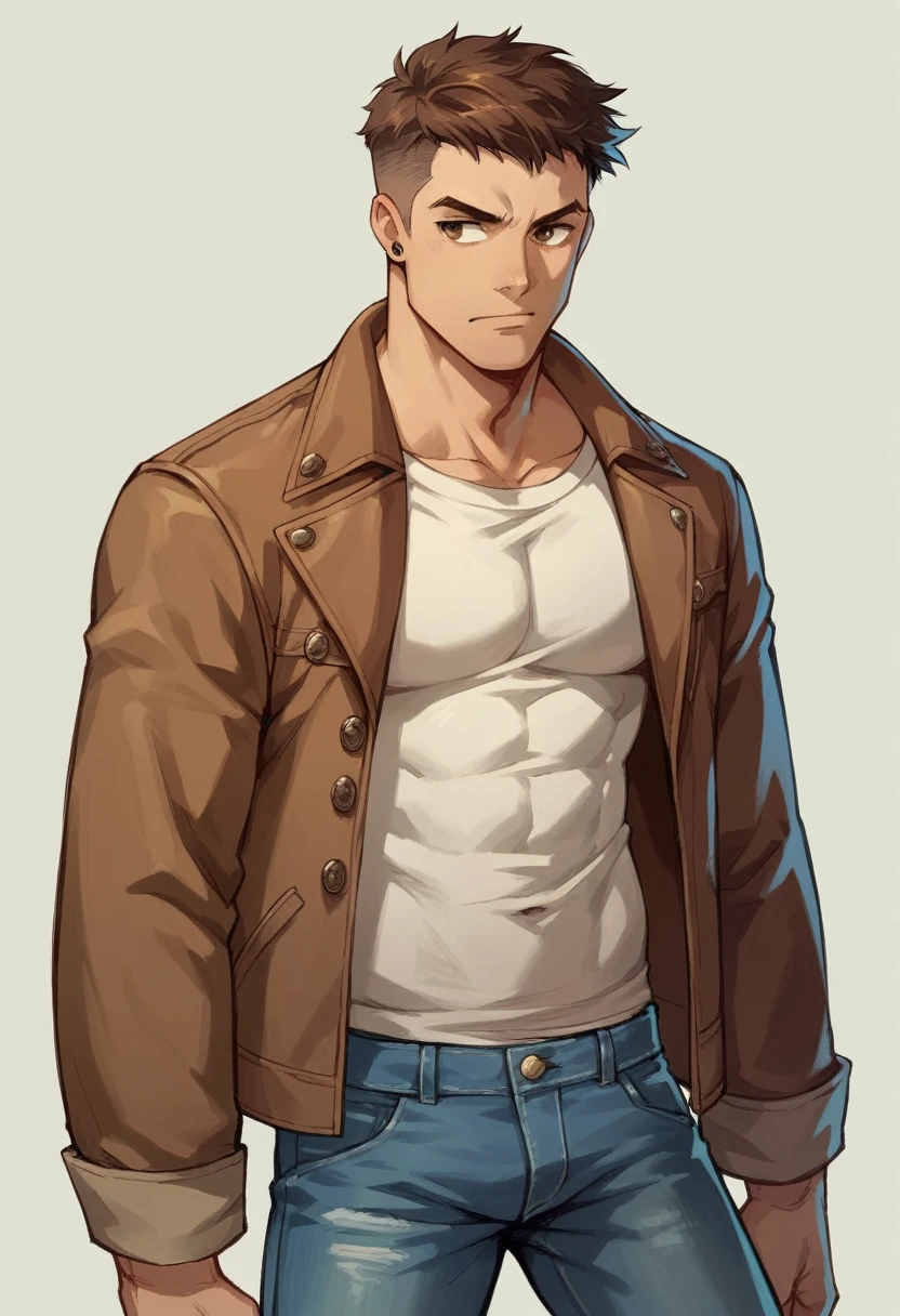 Human Male, Brown fade hair Style ,wearing Denim Jacket , 