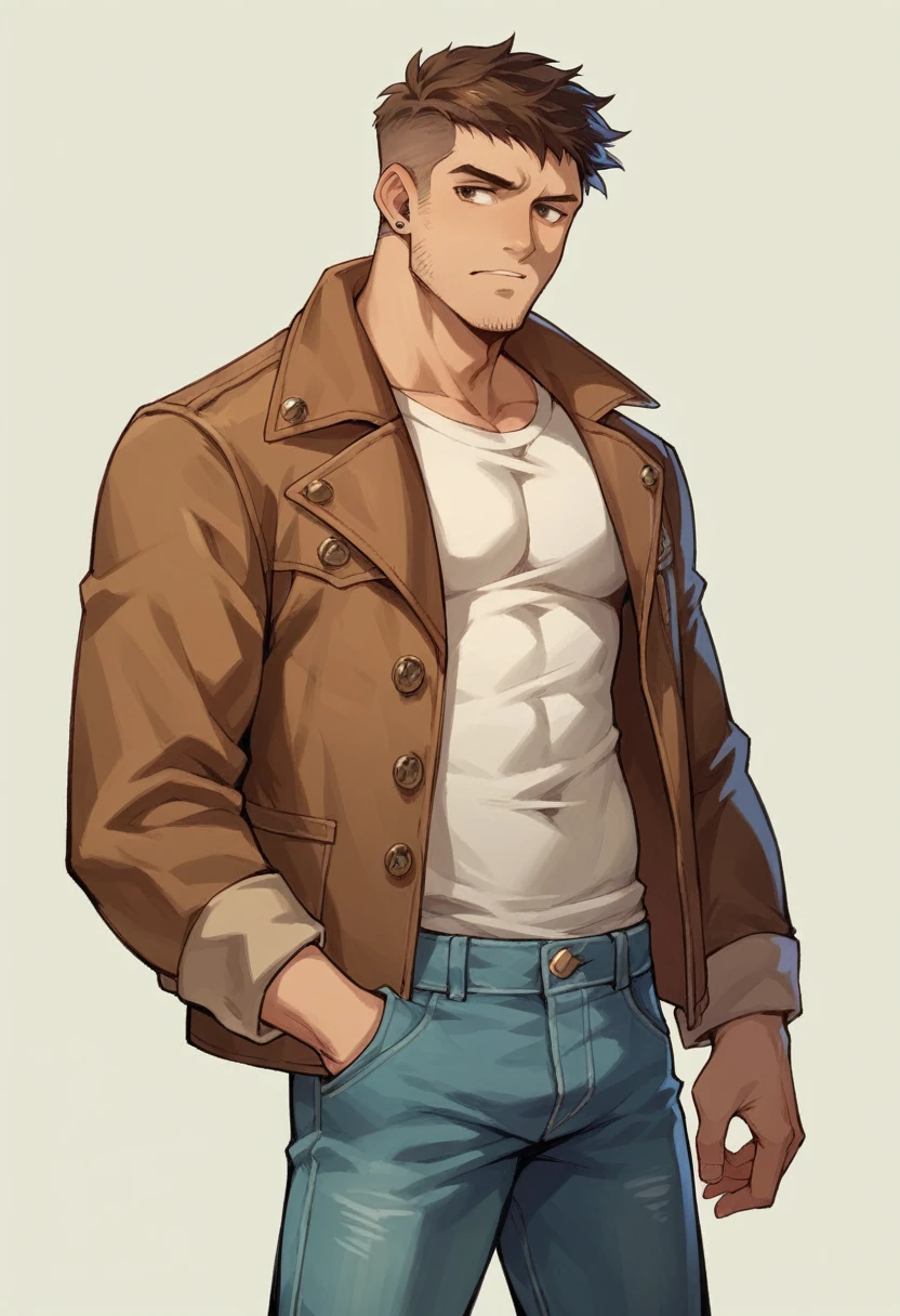 Human Male, Brown fade hair Style ,wearing Denim Jacket ,