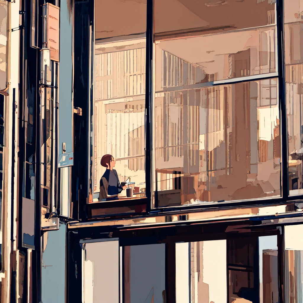 Simple background Woman holding coffee Window side profile
