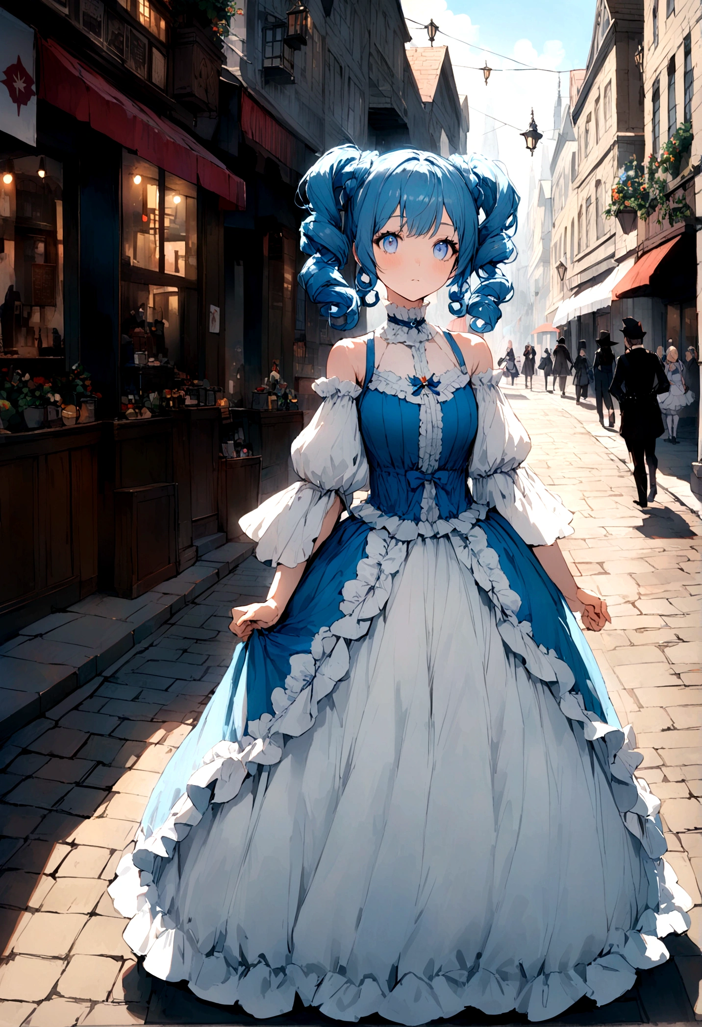 witch，double ponytail curls，blue color eyes，White Lolita，Beth，A bustling city street