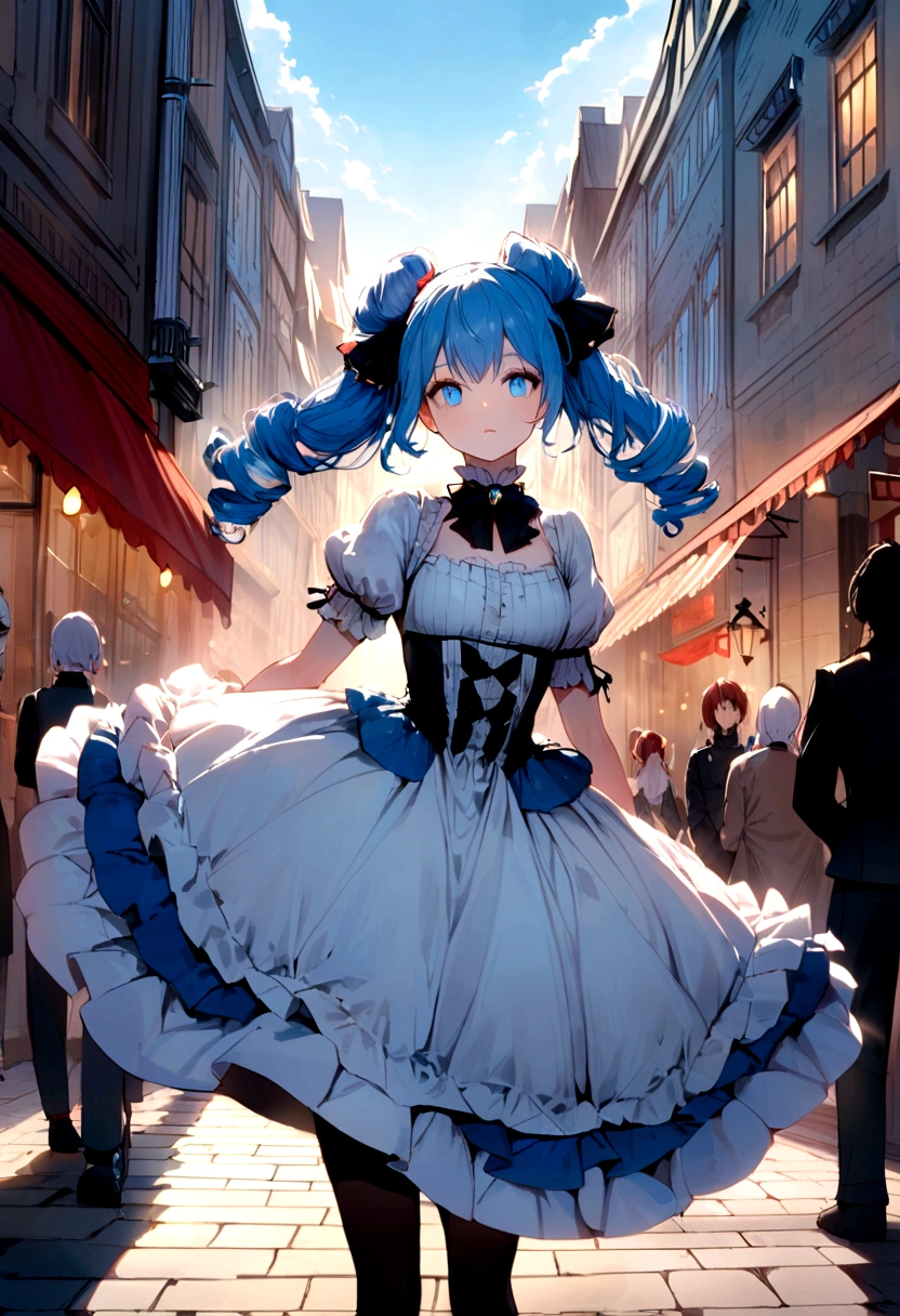 witch，double ponytail curls，blue color eyes，White Lolita，Beth，A bustling city street
