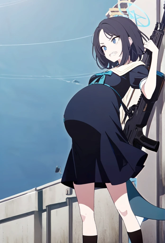 1girl, far view,Pregnant, black hair, wearing a dress with stockings, shark tail, jagged teeth, dark blue eyes, halo, holding a rifle 