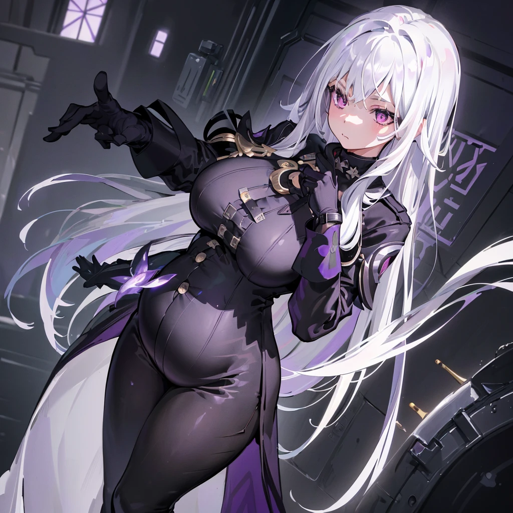 (masterpiece, best quality:1.2), illustration, 8K, HD, 1 girl, alone, (((white hair, purple eyes, black coat,))) Big breasts, black pants, indoors, (assignment:0.5), High, Mature, elegant, black gloves, 、from the front, long hair,Pregnant