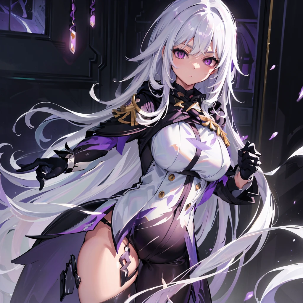 (masterpiece, best quality:1.2), illustration, 8K, HD, 1 girl, alone, (((white hair, purple eyes, black coat,))) Big breasts, black pants, indoors, (assignment:0.5), High, Mature, elegant, black gloves, 、from the front, long hair,Pregnant