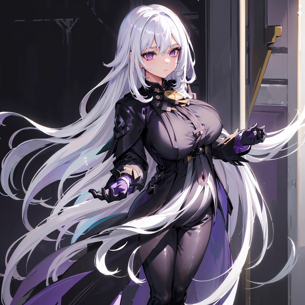 (masterpiece, best quality:1.2), illustration, 8K, HD, 1 girl, alone, (((white hair, purple eyes, black coat,))) Big breasts, black pants, indoors, (assignment:0.5), High, Mature, elegant, black gloves, 、from the front, long hair,Pregnant